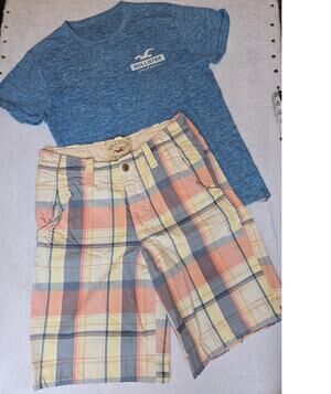 Hollister Y2K Plaid Cargo Shorts 31 + Vintage Tee Mens Large Lot